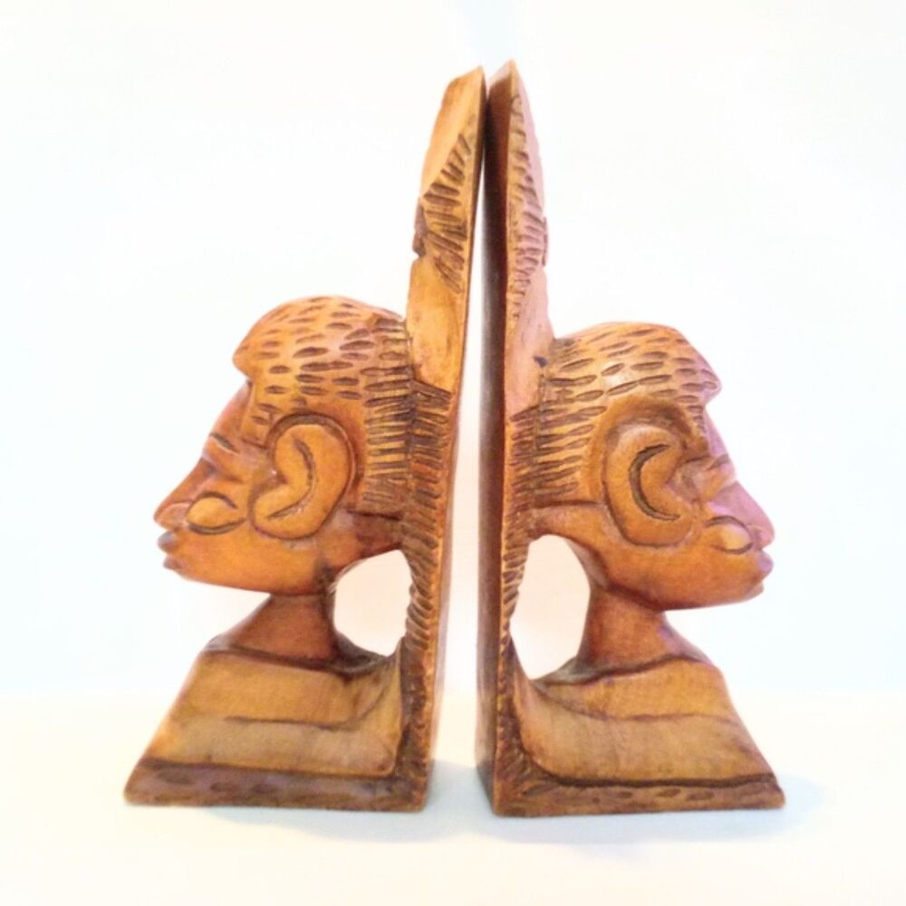 Vintage Ethnic African Male Hand Carved Wooden Bookends